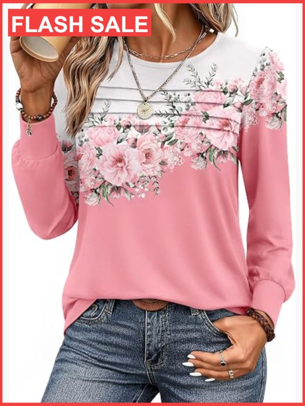 Women's Boho Crewneck Pleated Tunic Long Sleeve Floral Blouse